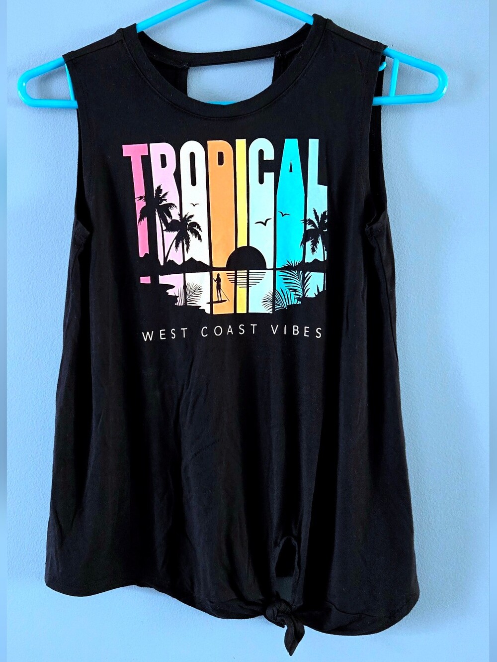 Tropical West Coast Vibes Black Graphic Tank Top Girls Lg 10-12